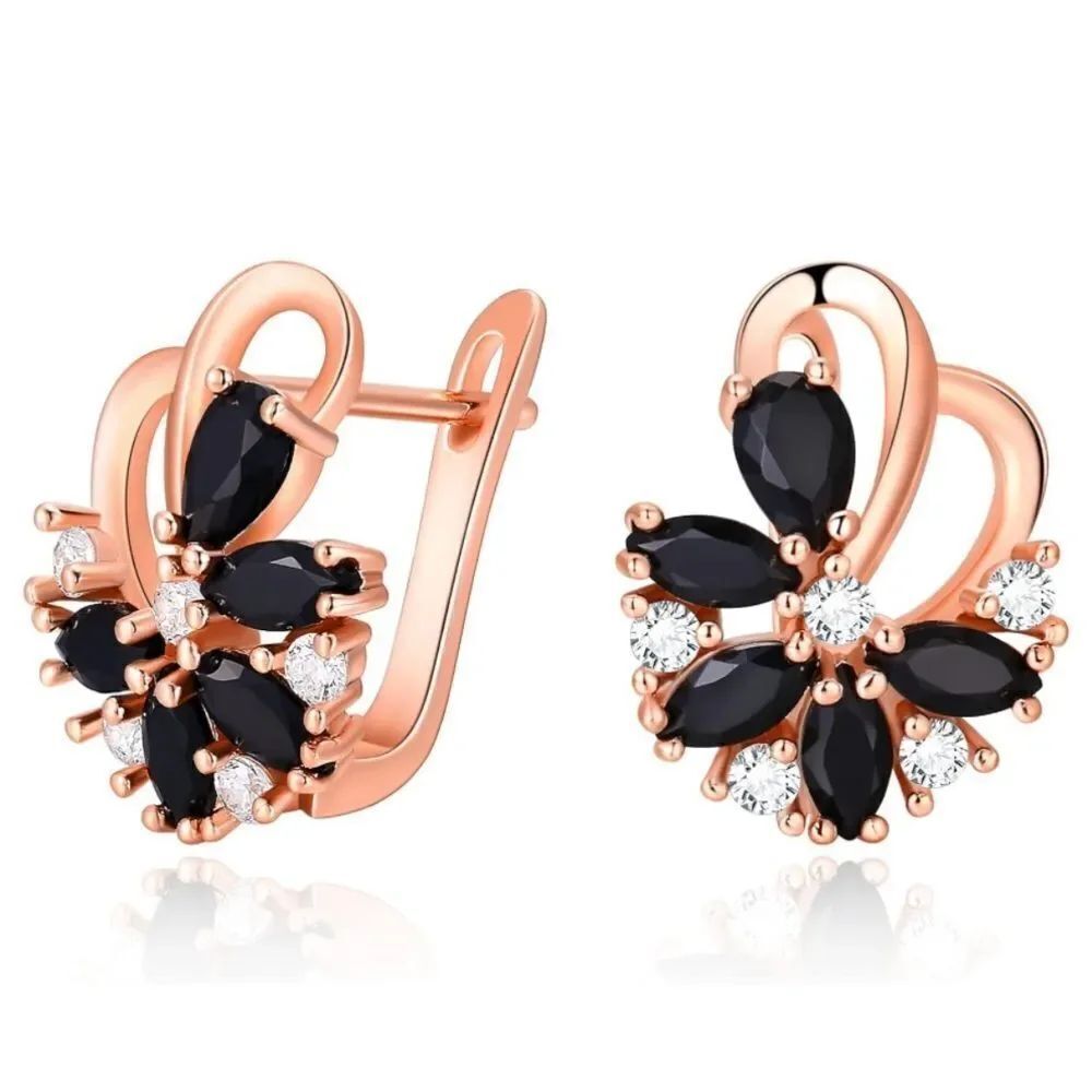 Rose Gold with Black Onyx and Diamond Cubic Zirconia French Clip Flower Earrings